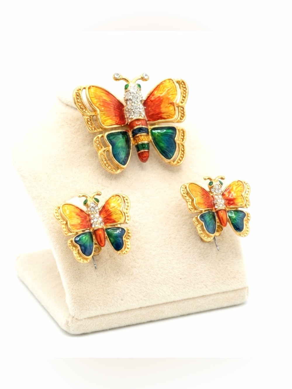 Vintage Author's Brooch & Earrings Set Butterfly Enamel & Diamond 750 Gold